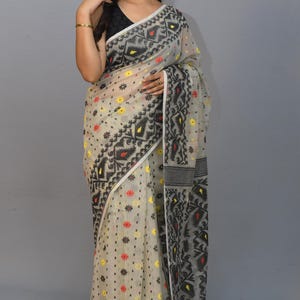 Bomullsmuslin Jamdani Sari - Silverfärgad, Handvävd