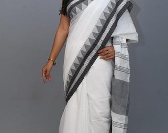 White Cotton Handloom Sari with Blouse Piece