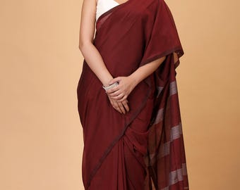 Dark Red Handloom Saree: Mercerized Cotton Blend with Blouse Piece