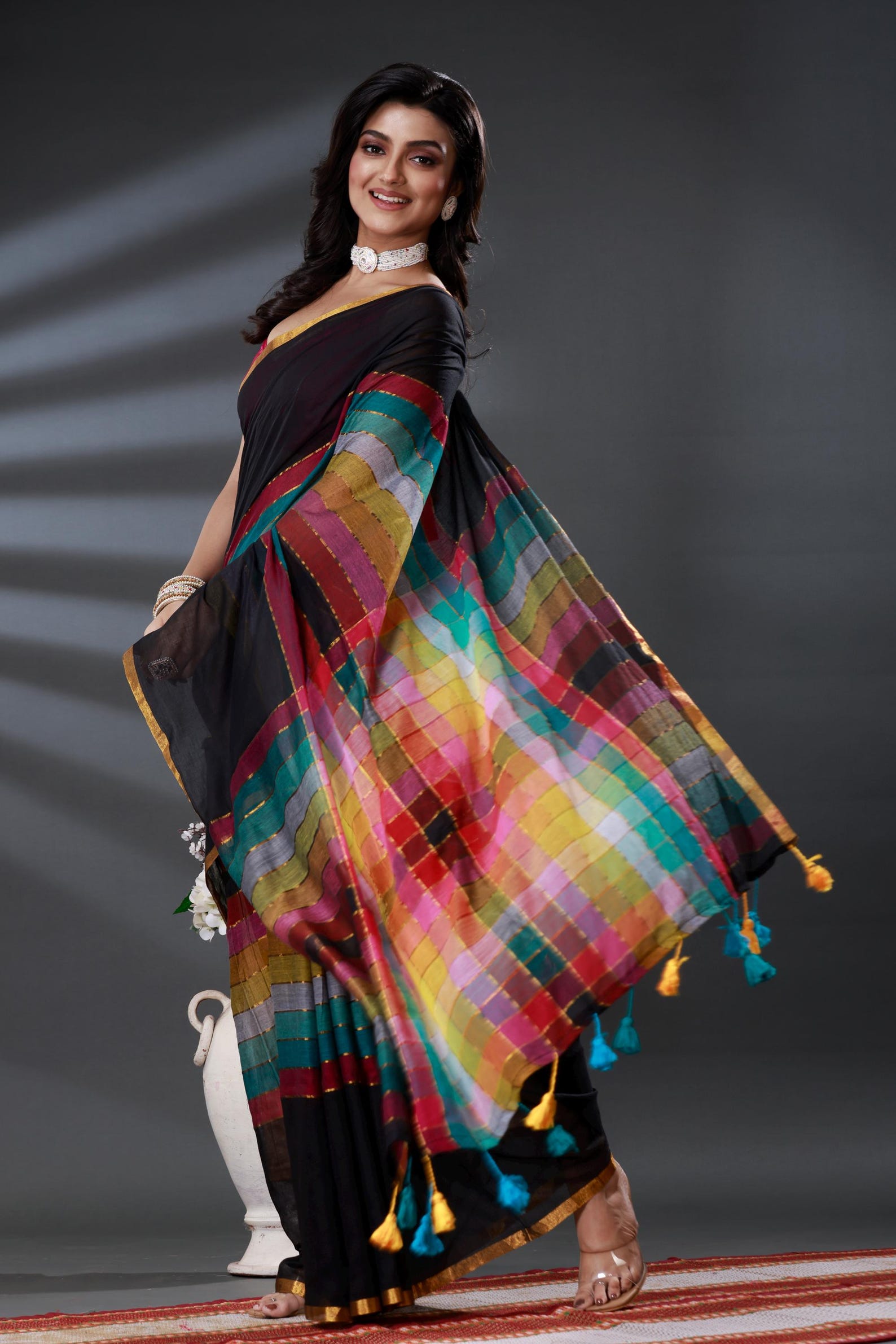 Handloom Black Cotton Mulmul Saree: Woven Sari With Fall Pico - Etsy