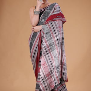 Black Red Pure Cotton Handwoven Saree: Handloom Sari No Blouse Piece - With Fall & Pico -Gift For Her