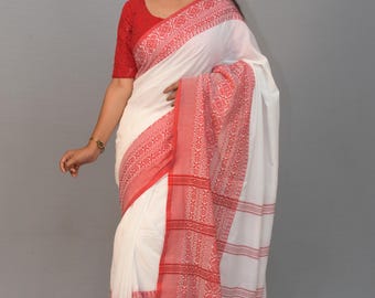 Handloom Cotton Begompuri Sari: White Solid Saree with Blouse
