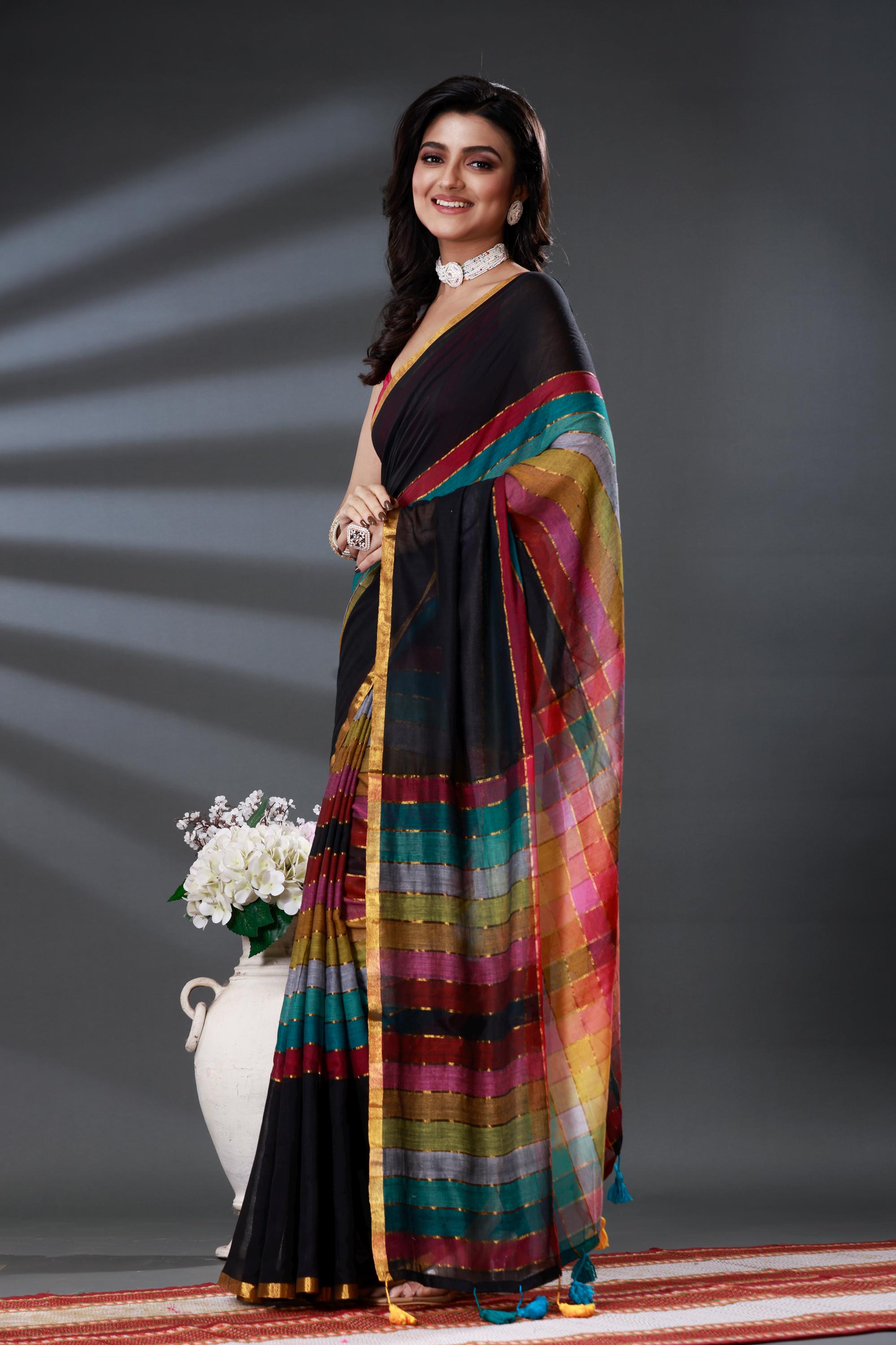 Handloom Black Cotton Mulmul Saree: Woven Sari With Fall Pico - Etsy