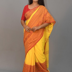 Handloom Cotton Begompuri Sari: Yellow Solid Saree with Blouse