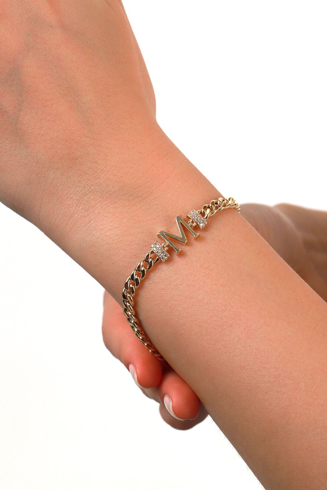 8K Gold Letter Bracelet Gourmet Chain, Big Initial Letter Gold Bracelet