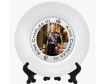 King Charles III - New Royal Portrait - Printed on a Commemorative Ceramic Decorative Plate - Nicely Designed with New Portrait and Cypher