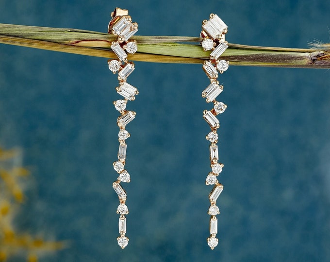 Moissanite 1.00 CT Round & Baguette Cut Diamond Mid-Century Earring