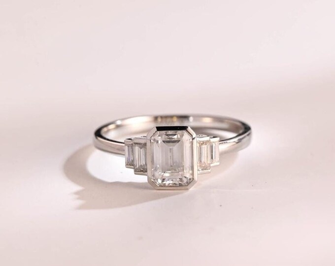 Moissanite 4.05 CT Emerald Cut Brutalist Engagement Ring