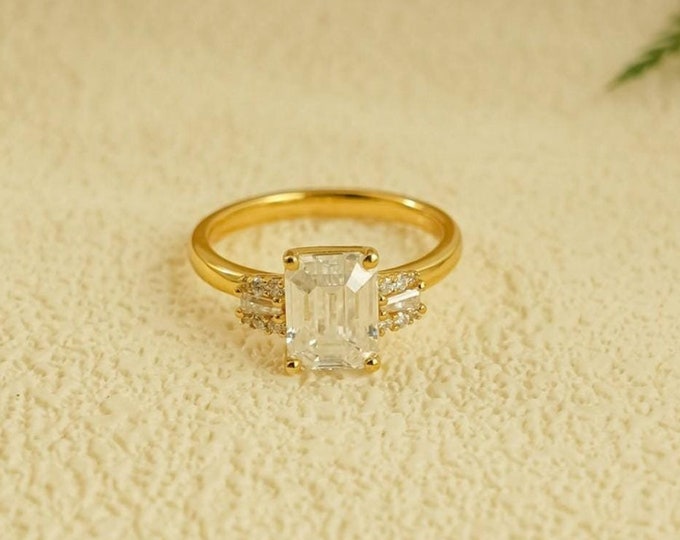 Moissanite 3.00 CT Emerald Cut Boho & Hippie Handmade Ring