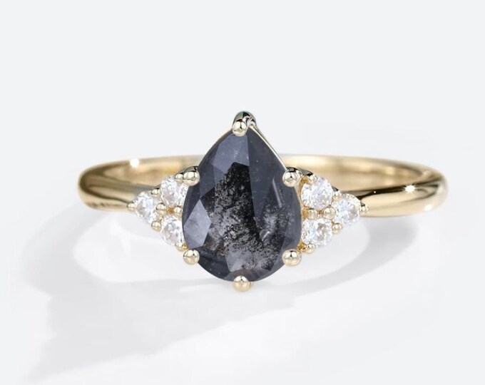 Natural Salt & Pepper 1.46 CT Pear Cut Diamond Art Nouveau Anniversary Ring