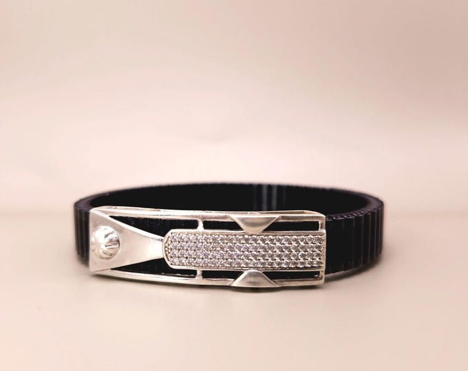 Round Moissanite Diamond Bracelet For Men | 3.16 CT Round Cut Four Row Silver Bracelet With Black Belt | Modern Fashion Bracelet For Him