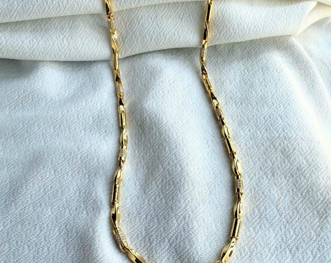 18K Yellow Gold Chain Necklace, Round Moissanite Diamond Chain, Twisted Design Chain Necklace for Men, Birthday Gift, Yellow Pure Gold