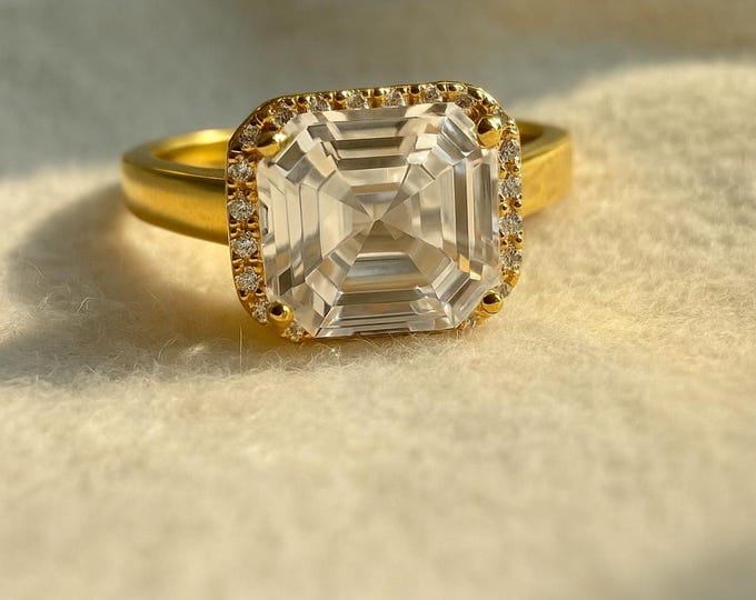 4.10 CT Asscher Halo Moissanite Engagement Ring, Side Round Moissanite, Straight Shank Type, 14KT Yellow Gold Anniversary Ring For Her