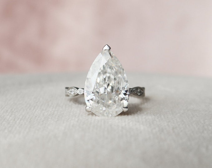 1.98 Carat Pear Cut Moissanite Diamond Side Stone Engagement Ring | 14 kt White Gold | Certified Pear Diamond Engagement Ring For Her