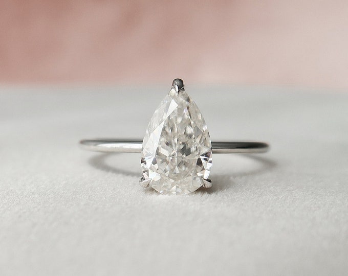 1.34 Carat Pear Moissanite Diamond Ring - Pear Shaped Engagement Ring - Minimalist Solitaire Ring | 14 kt White Gold | 3 Prong Setting Ring