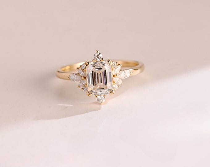 Moissanite 3.40 CT Emerald Cut Brutalist Handmade Ring