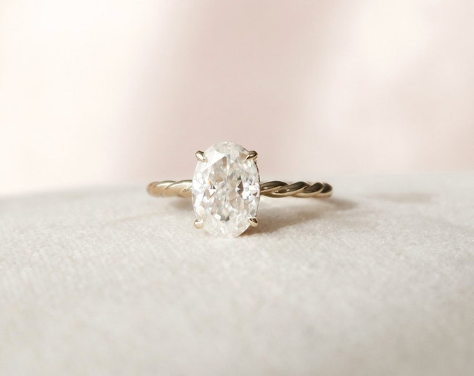 Moissanite 1.85 CT Oval Cut Diamond Minimalist Twisted Band Engagement Ring | 14 kt Yellow Gold Anniversary Gift Ring | Oval Diamond Ring
