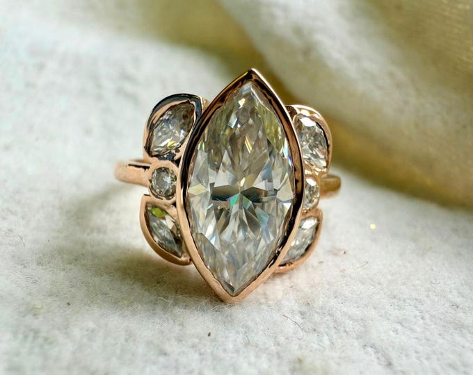 Marquise Diamond Engagement Ring, Genuine Moissanite Diamond Anniversary Ring, Unique Proposal Ring, Bezel Setting Ring Gift for Her