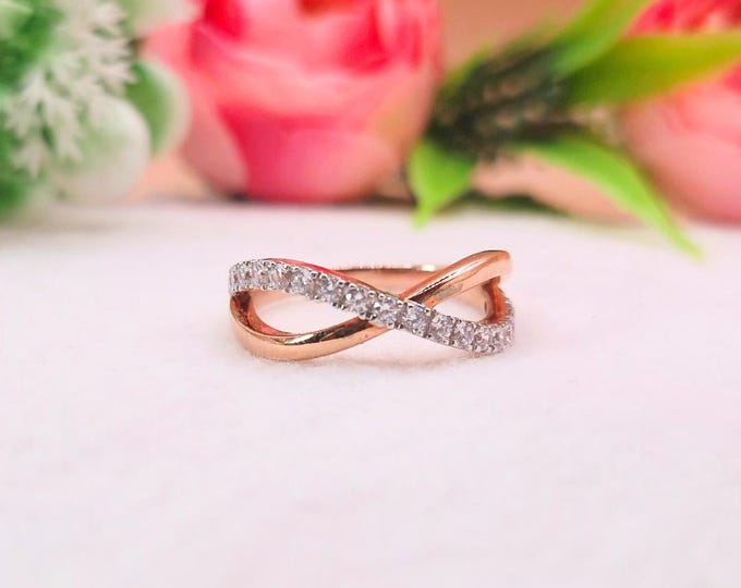 1.30 CT Round White Moissanite Cross Over Band | Half Eternity Stackable Band | Matching Band | Infinity Women Wedding Band | Rose Gold Ring