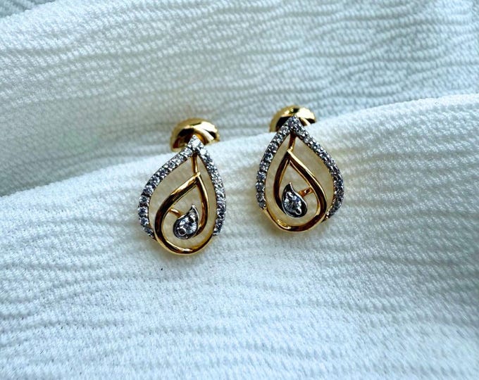 0.40 Carat Diamond Leaf Fashion Earrings, Round Moissanite Diamond Earrings, Leaf Style Diamond Engagement Earrings, Yellow Gold Earrings