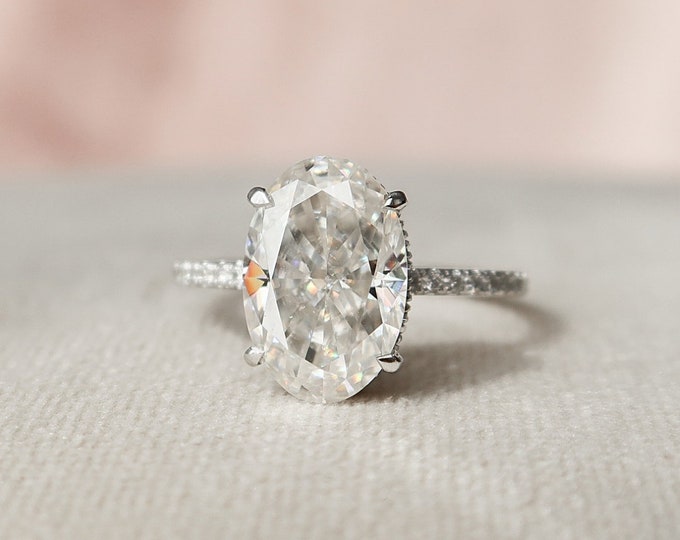 Pave Half Eternity Band 2.48 Carat Oval Cut Moissanite Diamond Ring | Dainty Hidden Halo Pave Setting Moissanite Diamond Engagement Ring