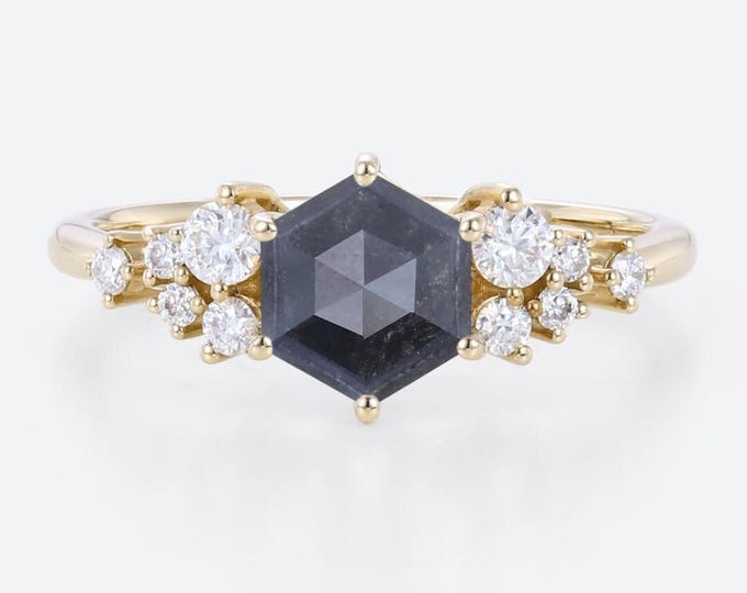 Natural Salt & Pepper 1.25 CT Hexagon Cut Diamond Art Deco Handmade Ring