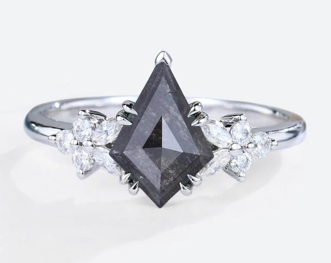 Natural Salt & Pepper 1.55 CT Kite Cut Diamond Art Nouveau Engagement Ring