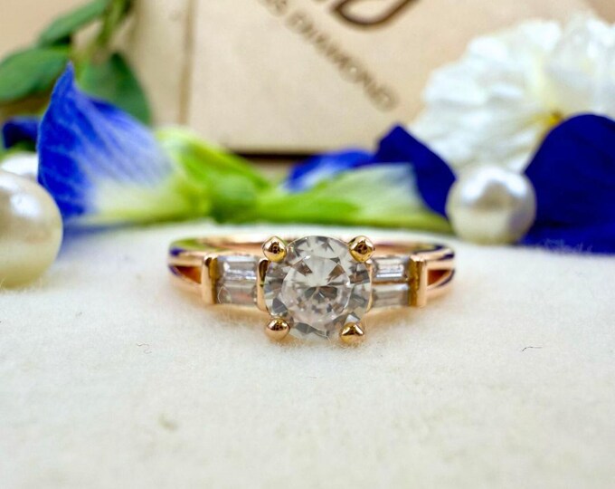 Round Shape 2.50 Carat Side Stone Moissanite Diamond Engagement Ring, Rose Gold Diamond Ring, Set in Straight Shank Type, Gift for Her