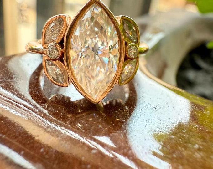 4.92 Carat Marquise Moissanite Diamond Ring | Dainty Ring | 14 kt Gold | Straight Shank Rose Gold Engagement Ring | Side Stone Diamond Ring