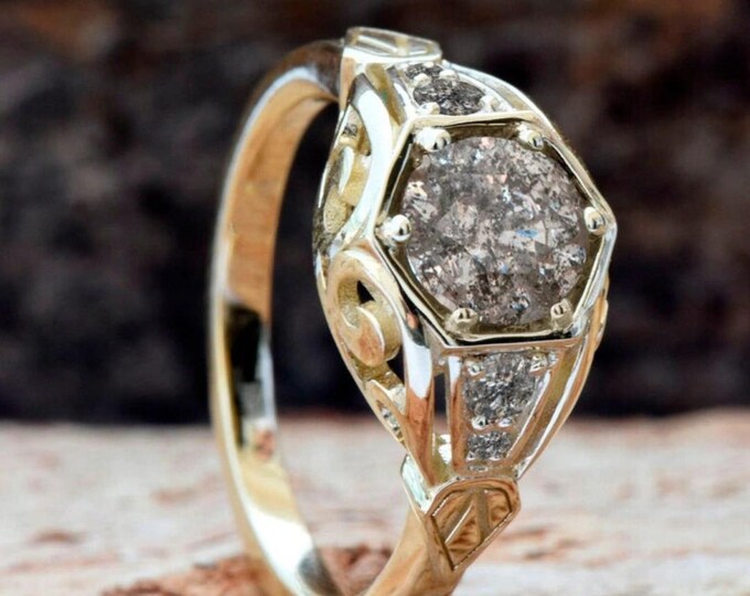 Natural Salt & Pepper 1.20 CT Round Cut Diamond Art Nouveau Anniversary Ring