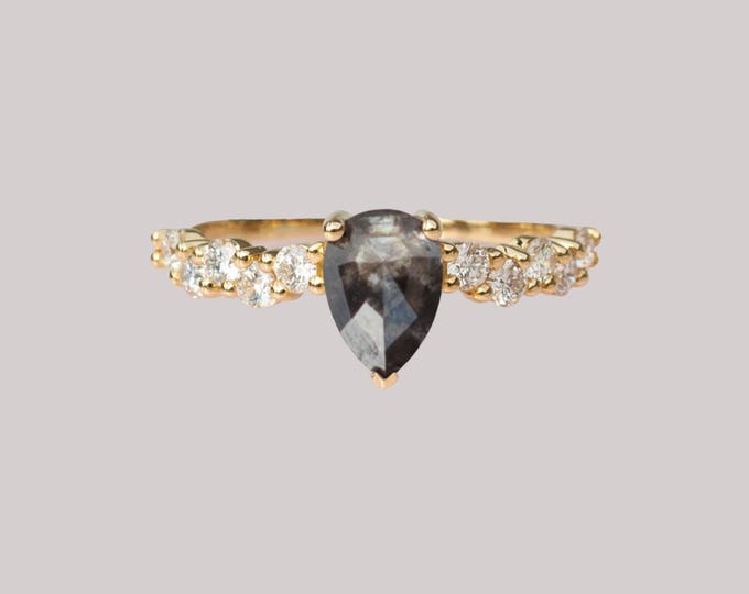 Natural Salt & Pepper 1.20 CT Pear Cut Diamond Mid-Century Handmade Ring