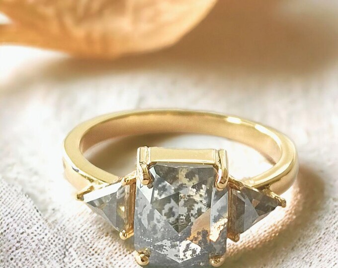 4.25 CT Moissanite Engagement Ring | Cushion Cut and Side Triangle Cut Moissanite Diamond Three Stone Ring in 14KT Yellow Gold Diamond Ring