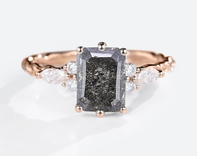 Natural Salt & Pepper 1.74 CT Radiant Cut Diamond Victorian Engagement Ring