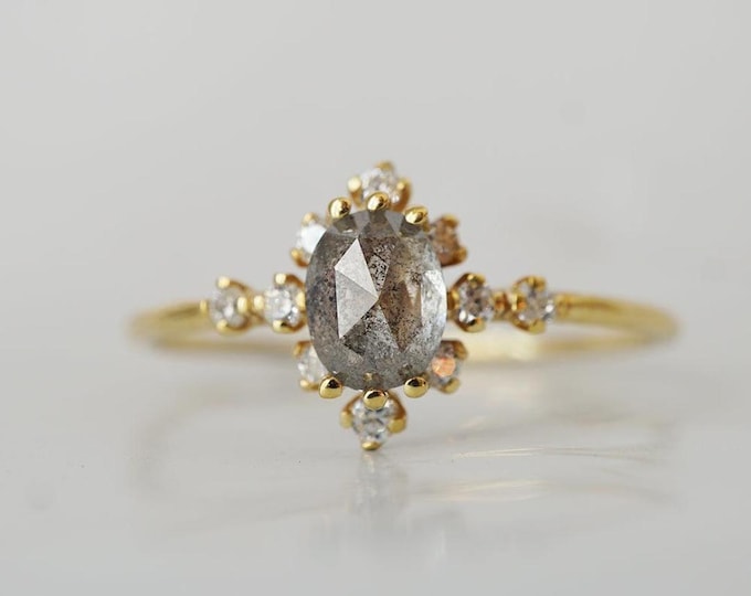Natural Salt & Pepper 3.70 CT Oval Cut Diamond Gothic Engagement Ring