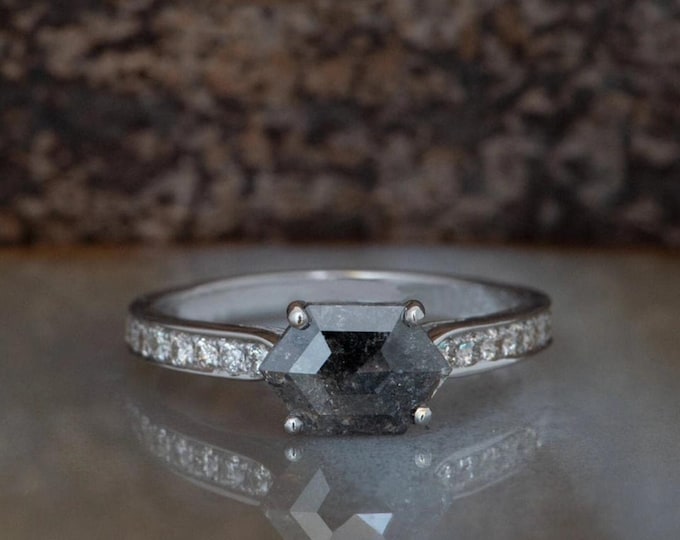 Natural Salt & Pepper 1.26 CT Hexagon Cut Diamond Mid-Century Engagement Ring
