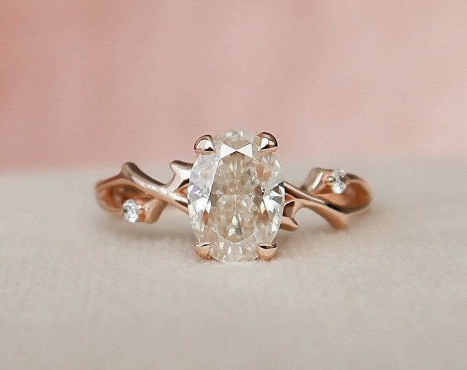1.65 Carat Oval Moissanite Diamond Ring | Dainty Ring | 14 kt Gold | Split Setting Yellow Gold Engagement Ring | Side Stone Diamond Ring