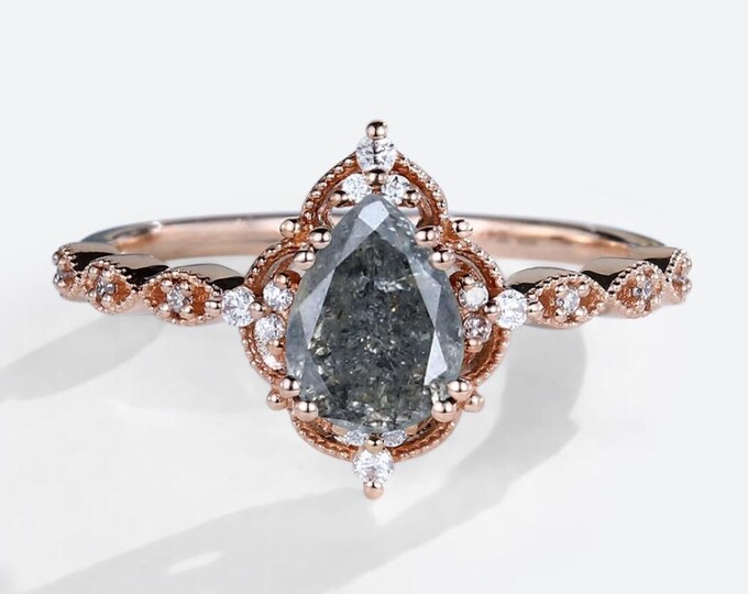 Natural Salt & Pepper 1.31 CT Pear Cut Diamond Mid-Century Wedding Ring