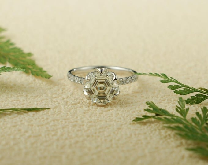 Moissanite 3.30 CT Hexagon Cut Mid-Century Handmade Ring