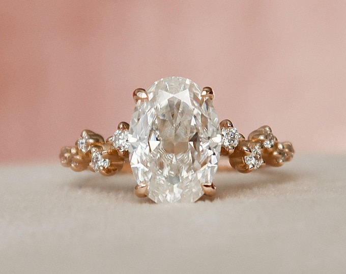 Oval Diamond Moissanite Ring with Hidden Halo and Half Eternity Engagement Ring For Her - Oval Shape Moissanite Diamond Engagement Ring