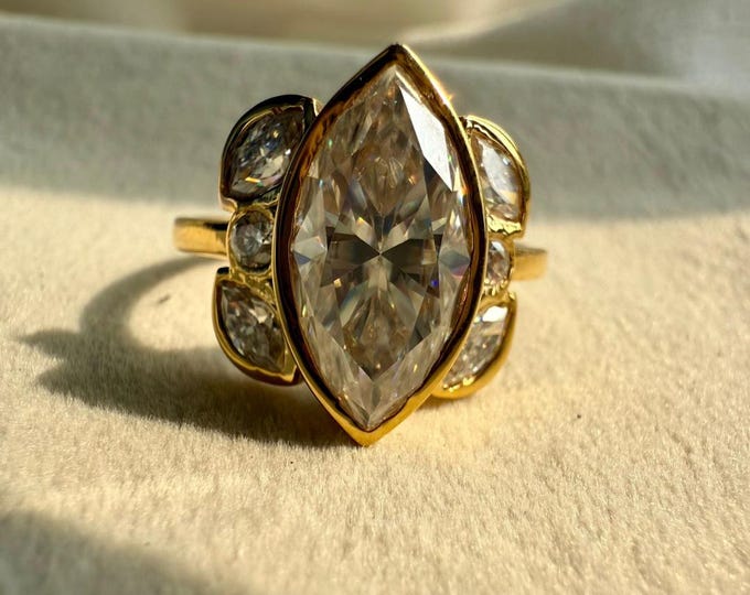 2.52 CT Marquise Moissanite Diamond Engagement Ring, Side Round and Marquise Moissanite, 14k Gold Marquise Cut Nature Inspired Diamond Ring