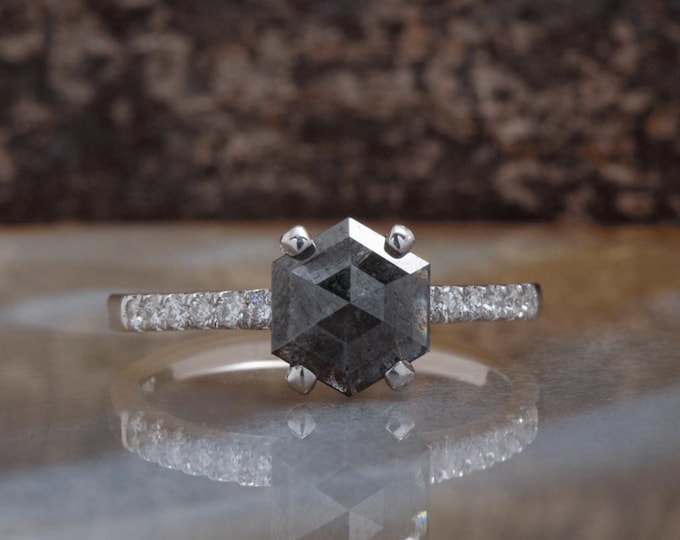 Natural Salt & Pepper 2.42 CT Hexagon Cut Diamond Gothic Engagement Ring