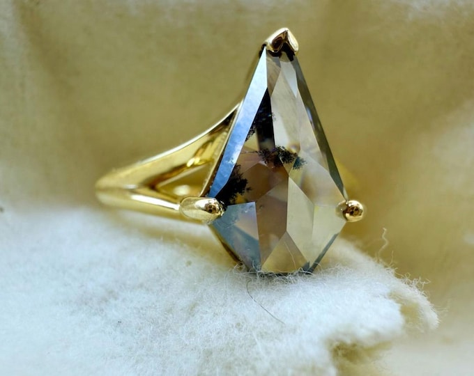 3.28 Pentagon Cut Natural Salt and Pepper Diamond Engagement Ring | Split Shank Type Setting | 3 Prong Yellow Gold Solitaire Diamond Ring