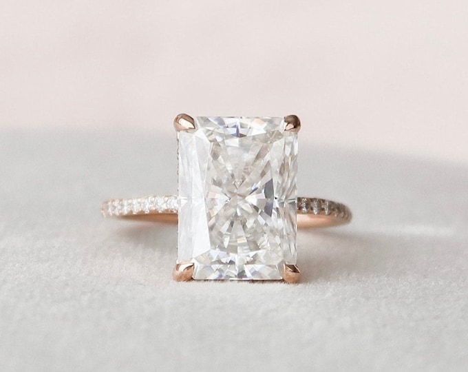 4.38 Carat Certified Radiant Cut Moissanite Diamond Wedding Ring | 18K Yellow Gold | Hidden Halo Ring | Prong Setting | Half Eternity Band