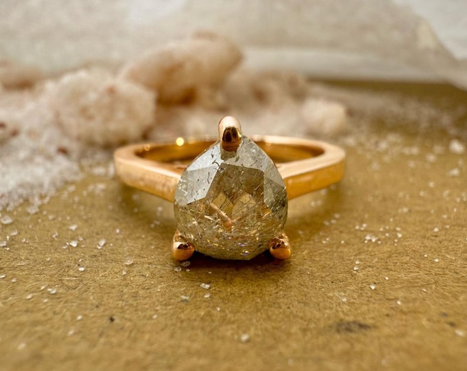 Pear Cut Natural Salt and Pepper Diamond Ring | 2.75 CT Engagement Ring | Solitaire Diamond Ring | Rose Gold Straight Shank Setting Ring