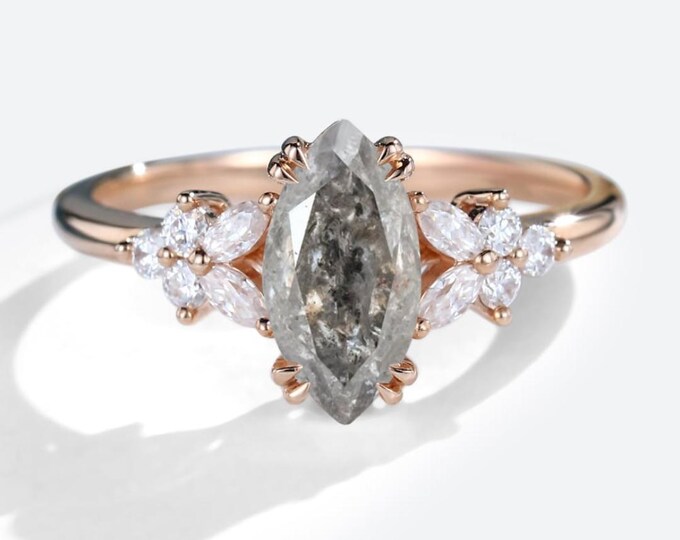 Natural Salt & Pepper 1.25 CT Marquise Cut Diamond Avant Garde Wedding Ring