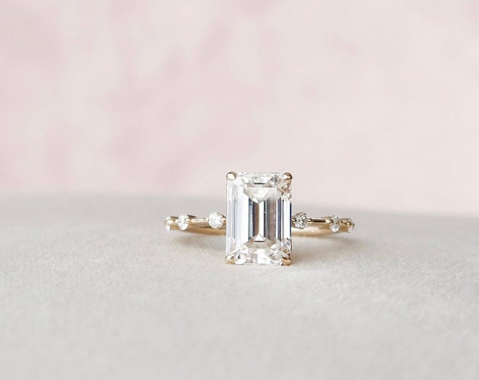 Moissanite 2.37 CT Emerald Cut Diamond Mid-Century Engagement Ring