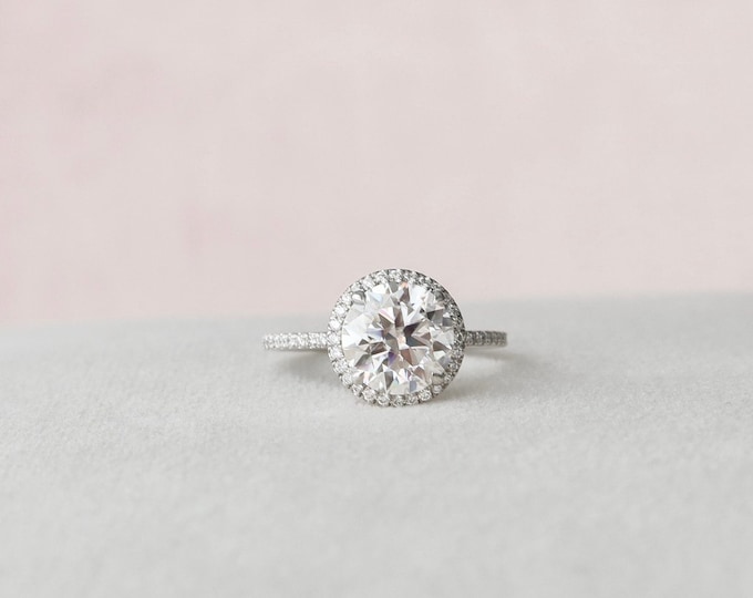 Certified Round Cut 2.65 Carat Moissanite Diamond Halo Engagement Ring | Side Round Diamonds | 14K White Gold | Half Eternity Setting Band