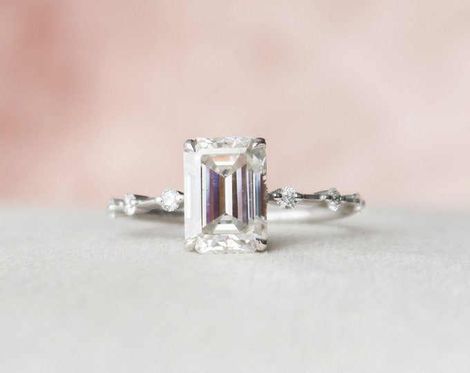 Emerald Cut Diamond Ring - Hidden Halo Diamond Handmade Ring - 1.94 Carat Moissanite Diamond Engagement Ring - Thin Band Side Round Cut Ring