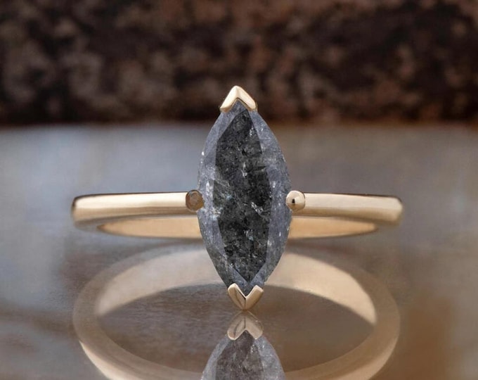 Natural Salt & Pepper 2.00 CT Marquise Cut Diamond Art Deco Anniversary Ring