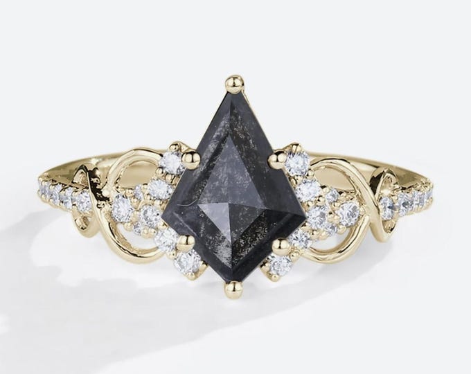 Natural Salt & Pepper 1.40 CT Kite Cut Diamond Avant Garde Engagement Ring